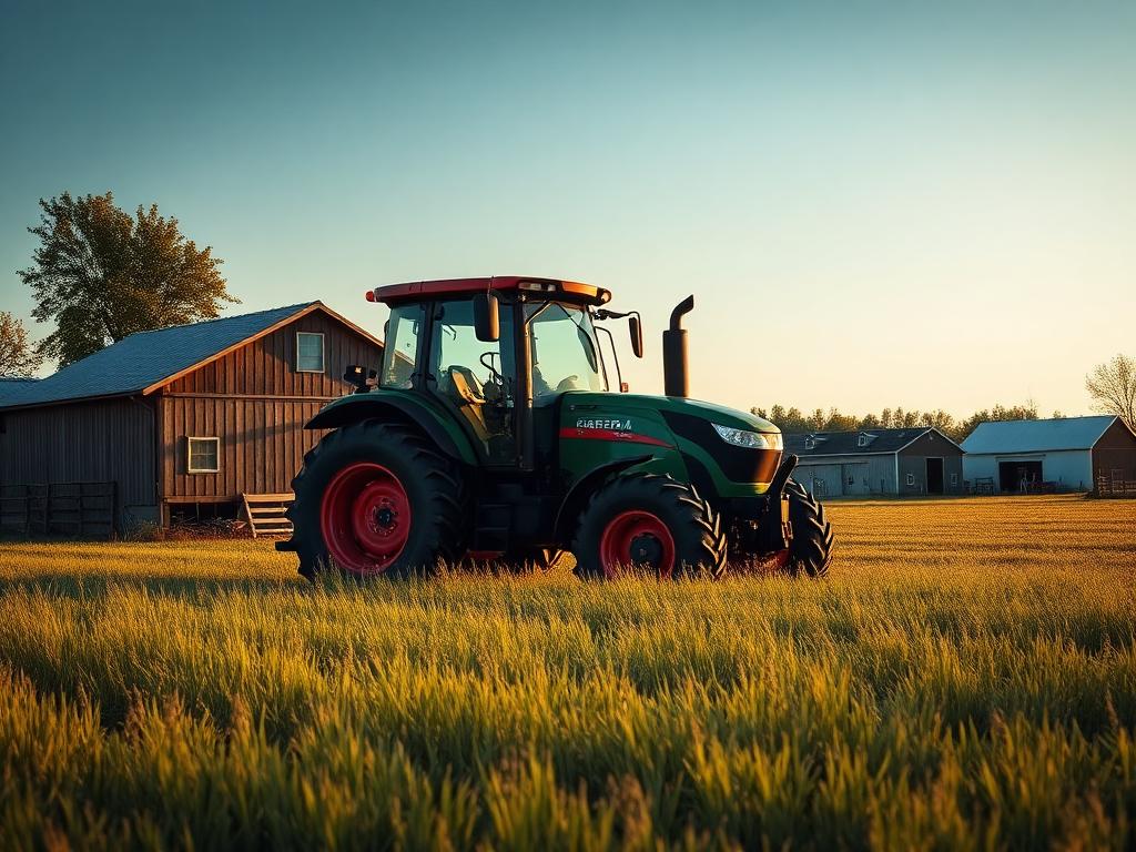Tracteur agricole récent devant les bâtiments d'une ferme québécoise