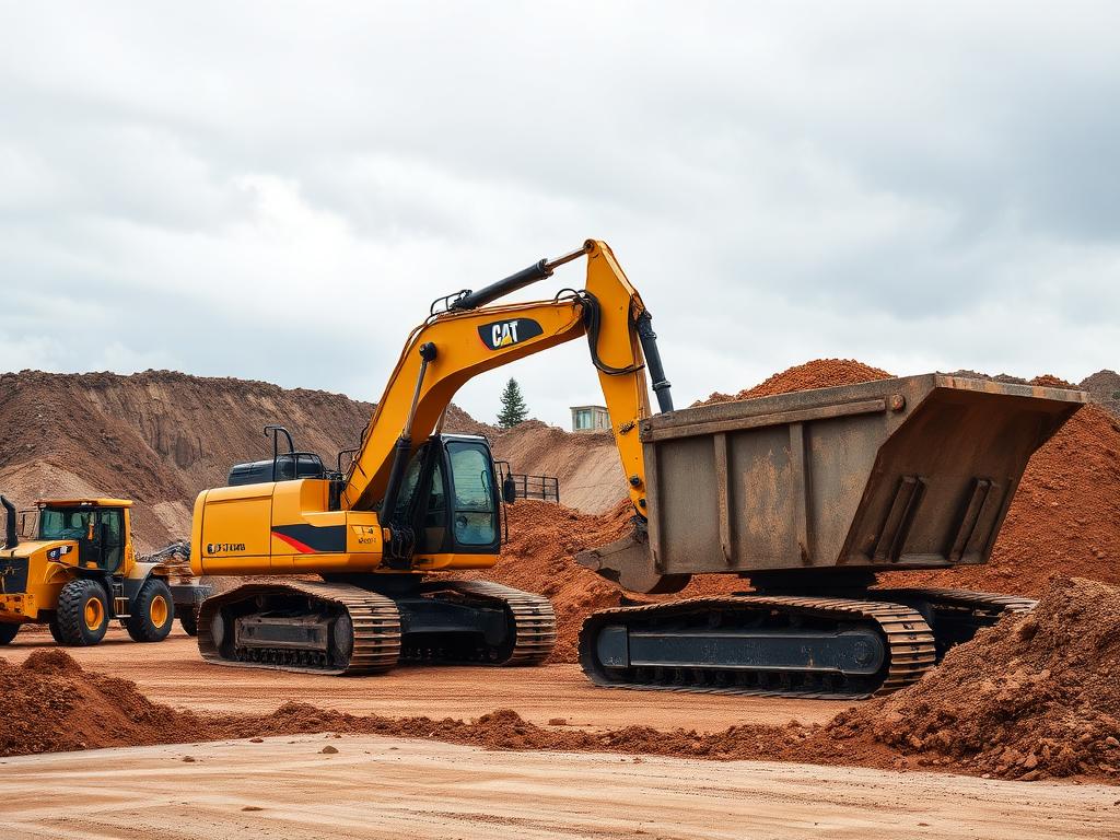 Excavatrice chargeant un camion à benne sur un chantier d'excavation