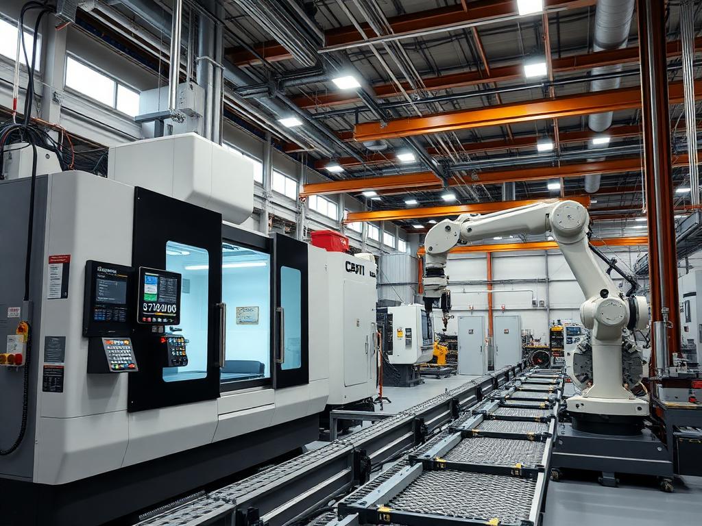 Usine moderne avec centre d'usinage CNC et bras robotisé sur ligne automatisée