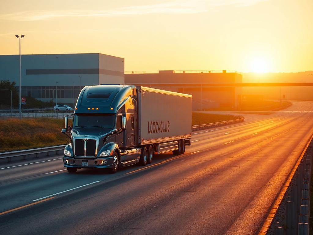 Camion semi-remorque moderne sur l'autoroute devant un entrepôt logistique