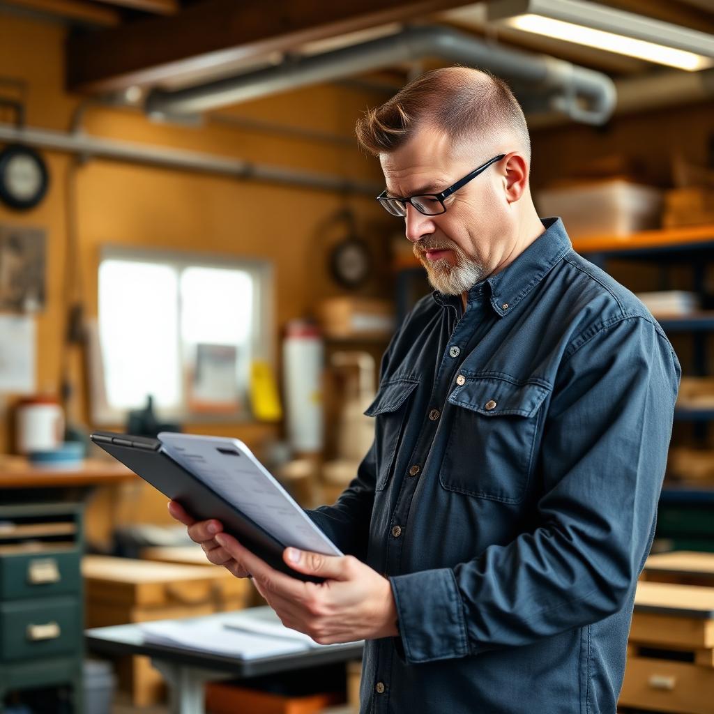 Dirigeant d'entreprise consultant ses factures dans son atelier commercial